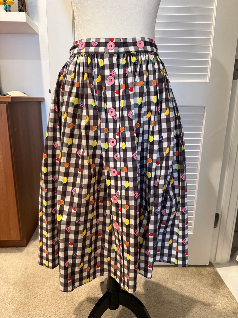Hell Bunny London Black & White Gingham Midi Skirt with Colorful Fruit Print